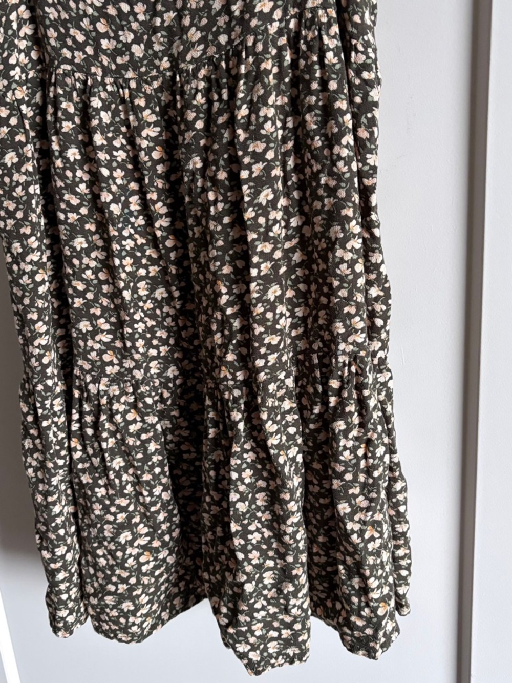 Floral Tiered Spaghetti Strap Summer Dress - Olive with Cream Flowers - Picture 6 of 6